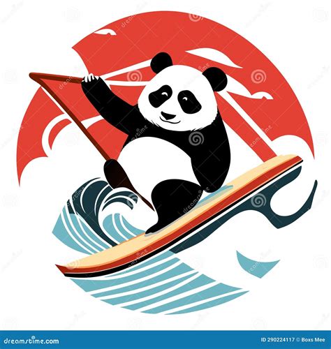 Panda Surfing With A Surfboard On The Sea Vector Illustration Stock