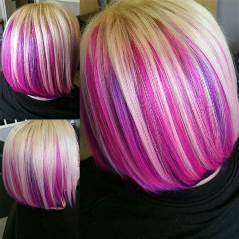 Mistress of the night blue and pink and purple hair. Pink and purple peekaboo with Blonde. Hair by Amber ...