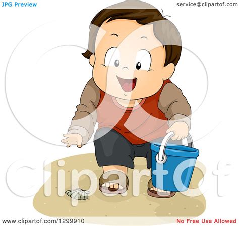 Clipart Of A Brunette White Boy Collecting Sea Shells On A Beach