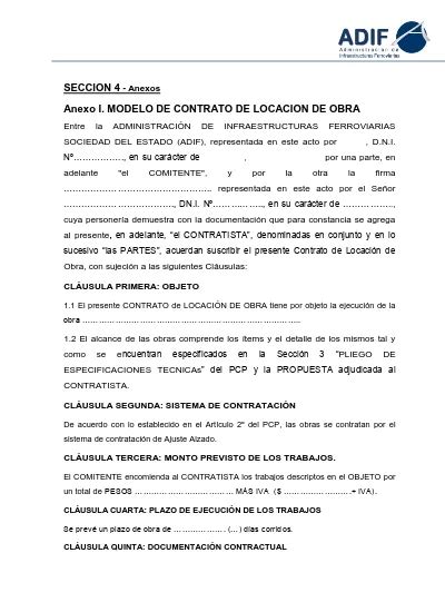 Anexo I Modelo De Contrato De Locacion De Obra