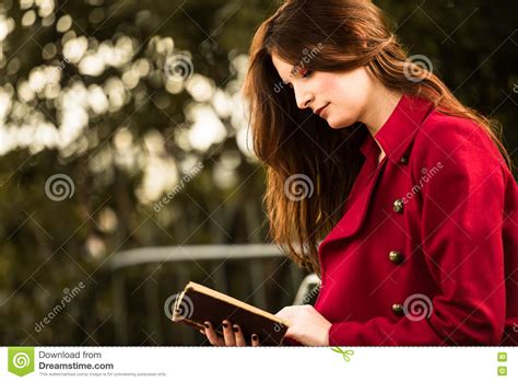 Beautiful Redhead Reading A Book Stock Image Image Of Fashianable Bench 81617859
