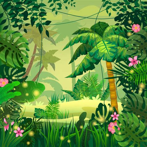 Vector Cartoon Jungle Background With Vines And Palm Trees