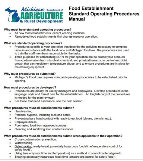 Food Establishment Standard Operating Procedures Manual Standard