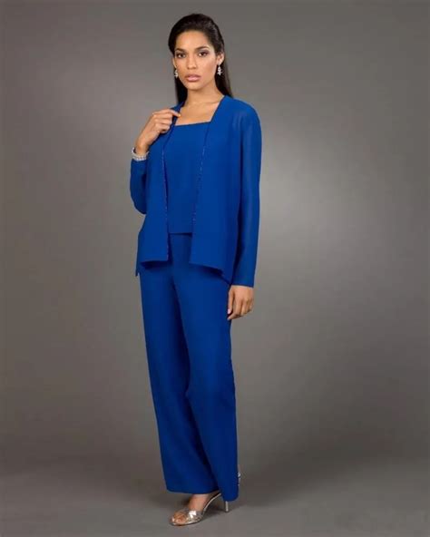New Arrival 3 Pieces Chiffon Blue Edged Moms Pant Suits Women Prom