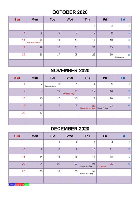 Free Printable October November December 2020 Calendar With Holidays As