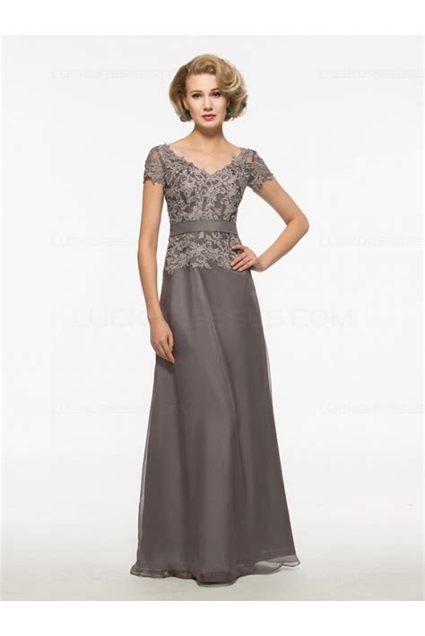 A Line Short Sleeves Lace Chiffon V Neck Mother Of The Bride Dresses 3040021