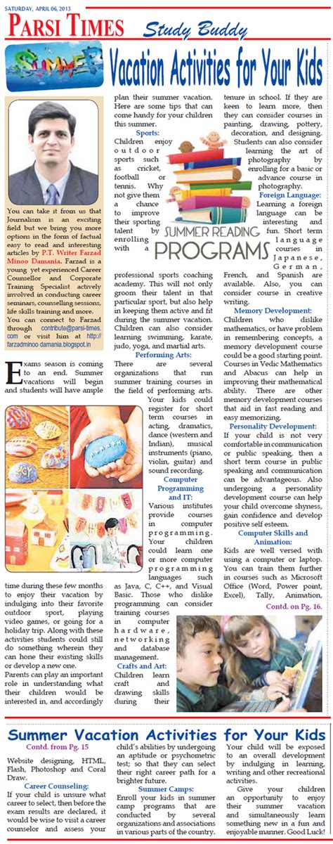 Explaining the facts in a straightforward way, making the complicated easy to understand. Summer Vacation Courses and Activities For Kids - Article by Farzad Minoo Damania [Parsi Times ...