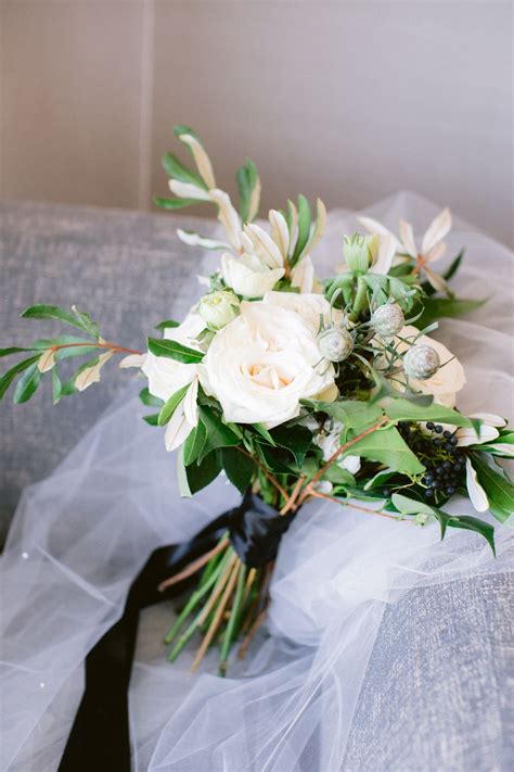 White And Green Bridal Bouquet With Black Ribbon Green Wedding