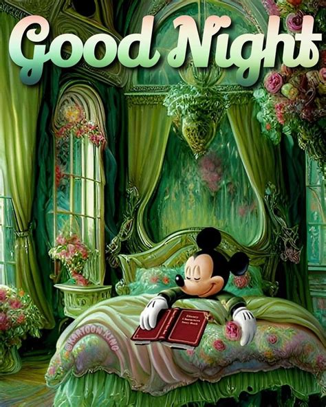 Mickey Mouse Reading A Book In Bed With The Words Good Night Written On