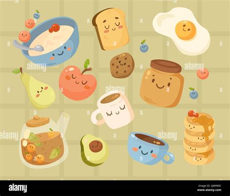 Funny Breakfast Food With Faces Cartoon Illustration Set Cute Porridge