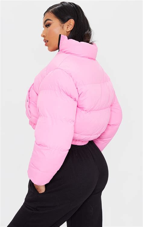 pink cropped bubble zip puffer jacket prettylittlething