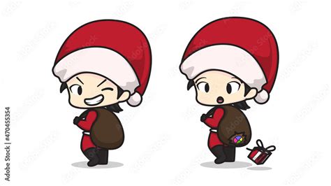 Cute Santa Chibi Character With A Sack On His Shoulder Stock Vector