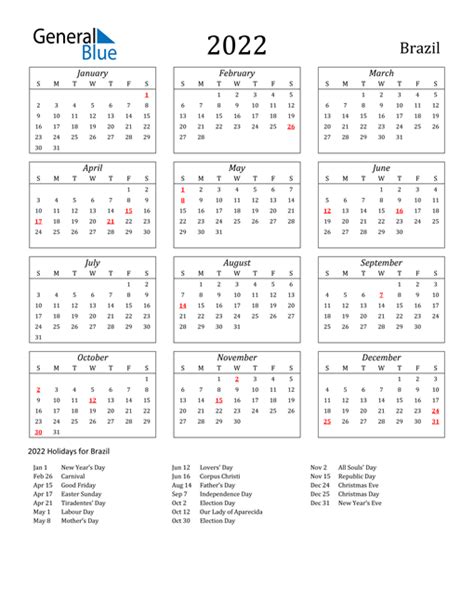 2022 Calendar Brazil With Holidays