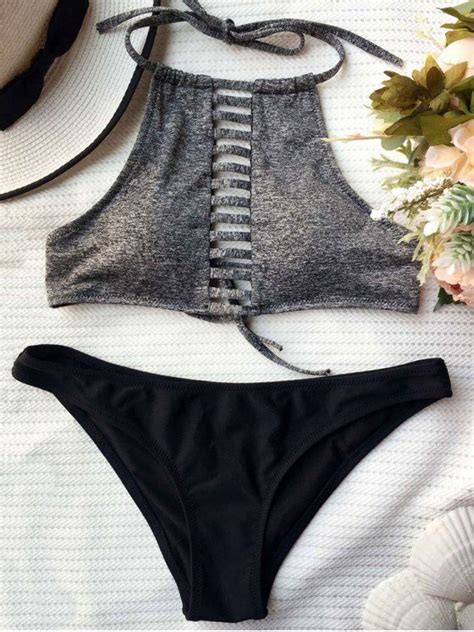 Color Block Lace Up Bikini Set Blackgrey S Cute Swimsuits Cute
