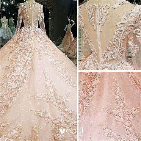 Luxury Gorgeous Pearl Pink Wedding Dresses 2018 Ball Gown Lace Flower