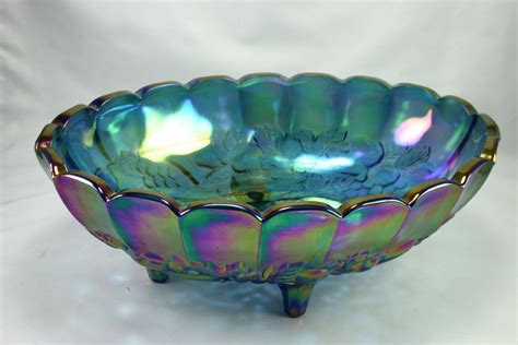 Vintage Iridescent Blue Indiana Carnival Glass Footed Oval Fruit Bowl Harvest Carnival Glass