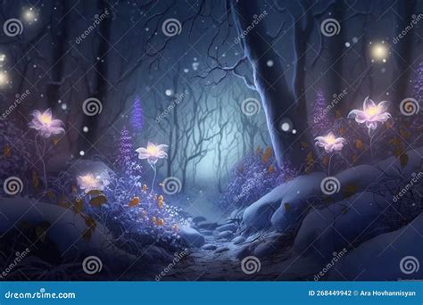 Fantasy And Fairytale Magical Winter Forest Lighting Pathway Stock