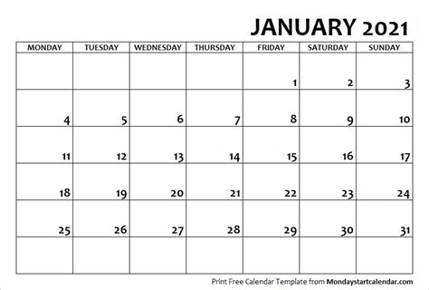 January 2021 Printable Calendar Template Archives Monday Start Calendar