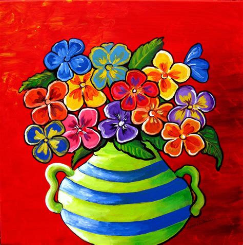 Pansies Fun Floral Whimsical Folk Art Giclee By Reniebritenbucher