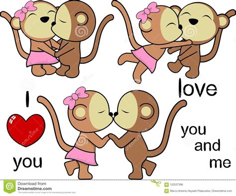 Lovely Cute Monkey Kissing Cartoon Love Valentine Set