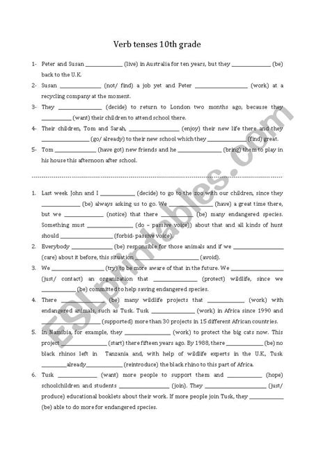 Verb Tenses Worksheets Printable