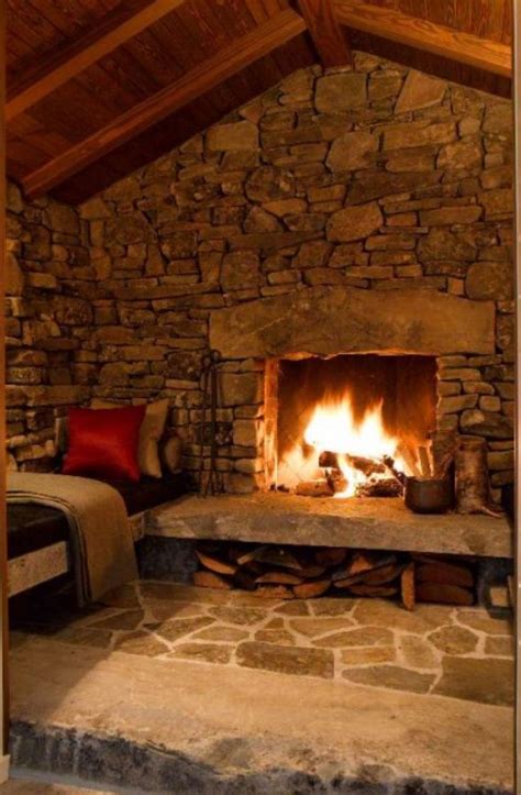Classic Stone House Architecture Ideas With Large Fireplace Beside
