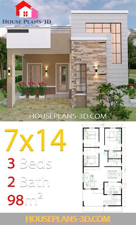 House Design 7x14 With 3 Bedrooms Terrace Roof House Plans 3d