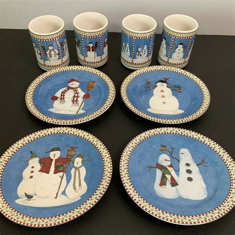 Debbie Mumm Snowman 4 Mugs And Plates Each Different Snowman Sakura