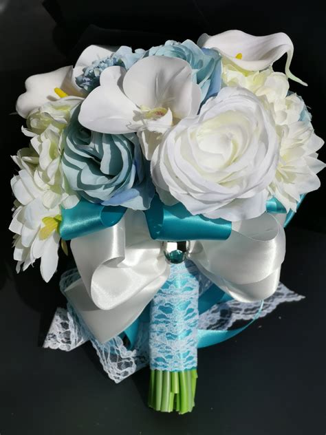 Cascading Light Blue Calla Lily White Bride Bouquet