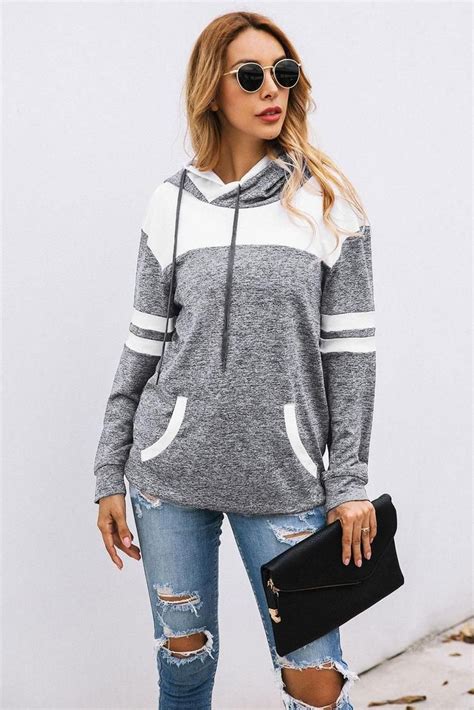 pophers gray color block pullover hoodie with pocket hoodies pullover pullover hoodie