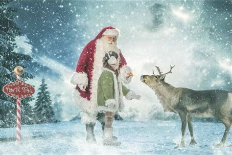 Santa Feeding Reindeer In North Pole Rudolph Christmas Holiday