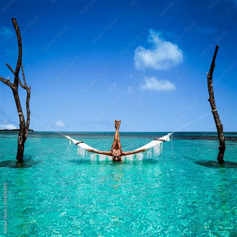 Beautiful Sexy Tanned Woman In White Bikini On Maldives Island Young Glamour Girl Is Posing On