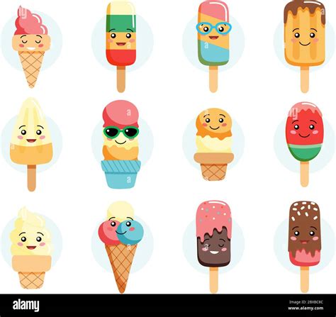 Cute Kawaii Ice Cream Characters Collection Isolated On White
