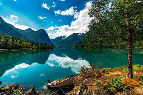 District Of Sogn Og Fjordane Norway Lake Mountains Boat Reflection