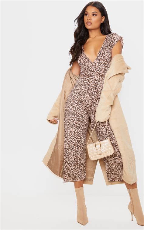 tan leopard print wrap culotte jumpsuit prettylittlething usa