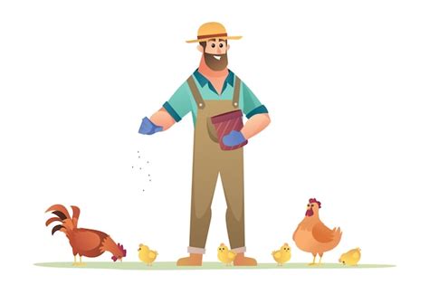 premium vector farmer feeding chickens illustration