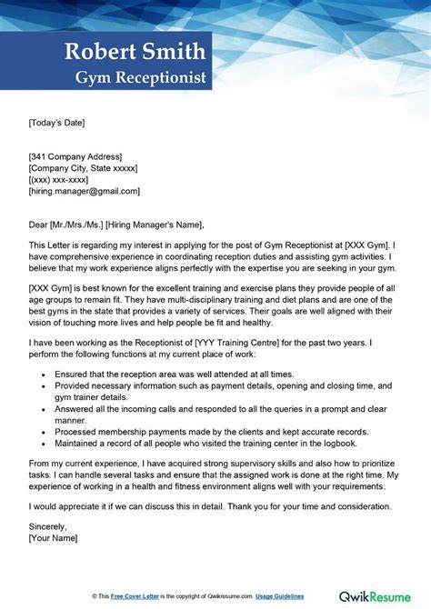Gym Receptionist Cover Letter Examples Qwikresume