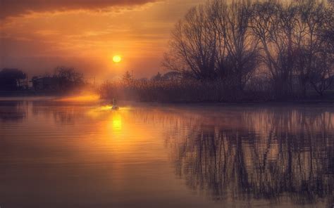 Sunrise Reflection Calm Lake Nature Landscape Water