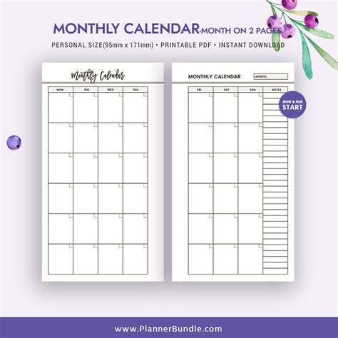 Printable Blank Monthly Calendar 2 Pages Example