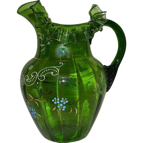 Antique Victorian Hand Blown And Painted Green Glass Pitcher Antiques Glass Pitchers Hand Blown