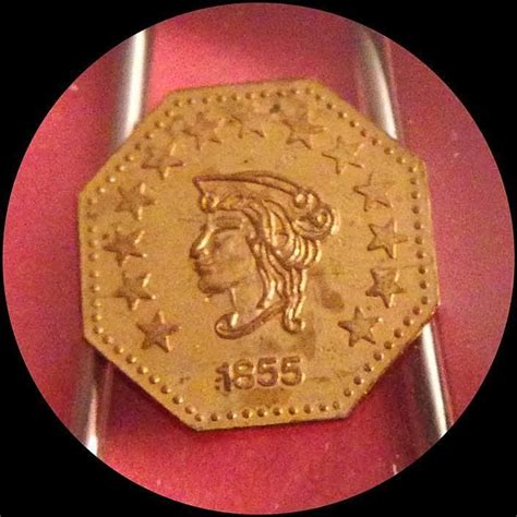 Gold the coin with the man in a helmet has eureka above it with 12 stars on one side and california gold, a small bear and flowers on the bottom. 1855 California 1/2 Fractional Gold Coin Token | Coins ...