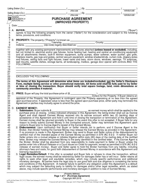 Free Printable Real Estate Purchase Agreement Form Indiana