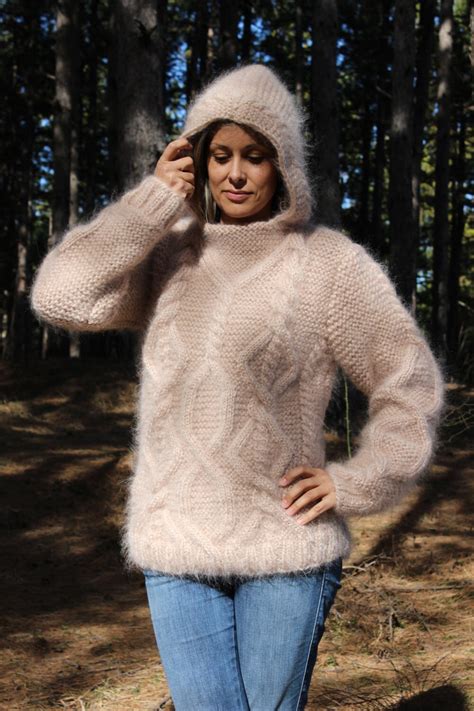 Hand Knit Mohair Sweater Cable Champaign Fuzzy Hooded Jumper