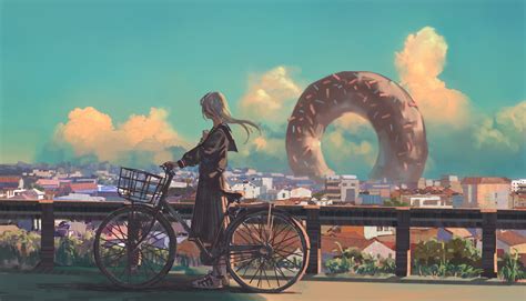 Anime Original Bike City Long Hair Artwork Wallpaperhd Anime