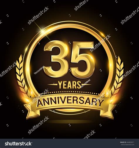 Celebrating 35 Years Anniversary Logo With Golden Ring And Ribbon