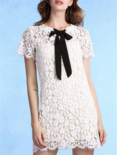 White S Sweet Cami Top Bow Tie Neck Short Sleeve Lace Dress Womens