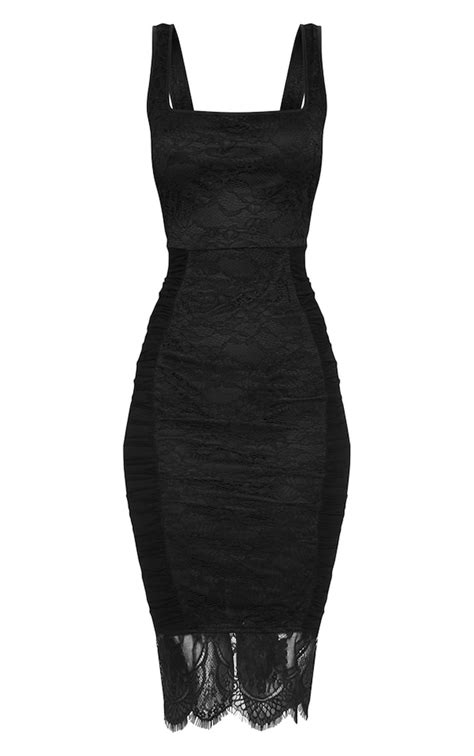 Black Lace Ruched Side Midi Dress Dresses Prettylittlething Usa