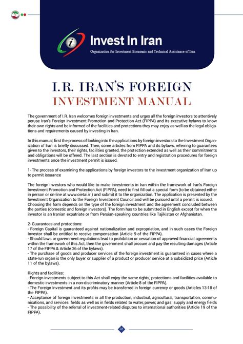 The promotion of investments act 1986 liberalized the fdi government after the 1985 recession that allows full foreign ownership in fabrication provided that more than 80 % of the production is exported, while the bulk foreign ownership is allowed if more than half the produced end product is exported. Foreign Investment Promotion And Protection Act Fippa Iran ...