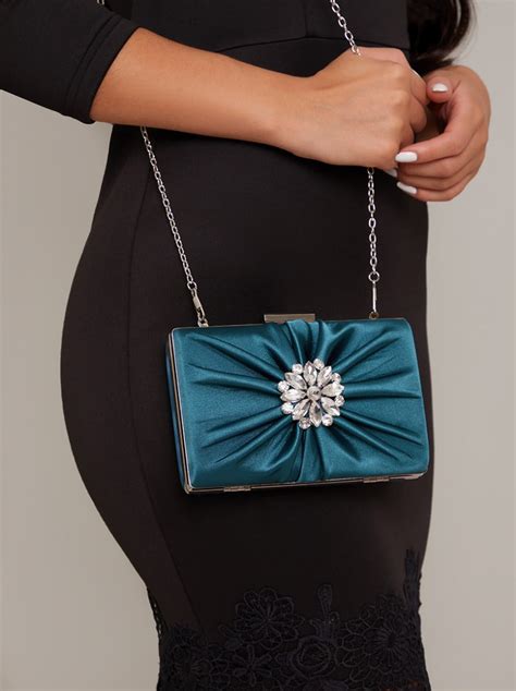 Satin Embellished Clutch Bag In Green Chi Chi London