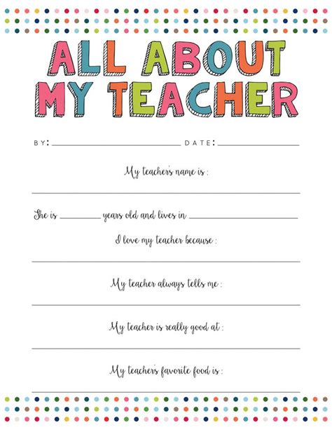 All About My Teacher Free Printable Teacher Favorite Things Teacher